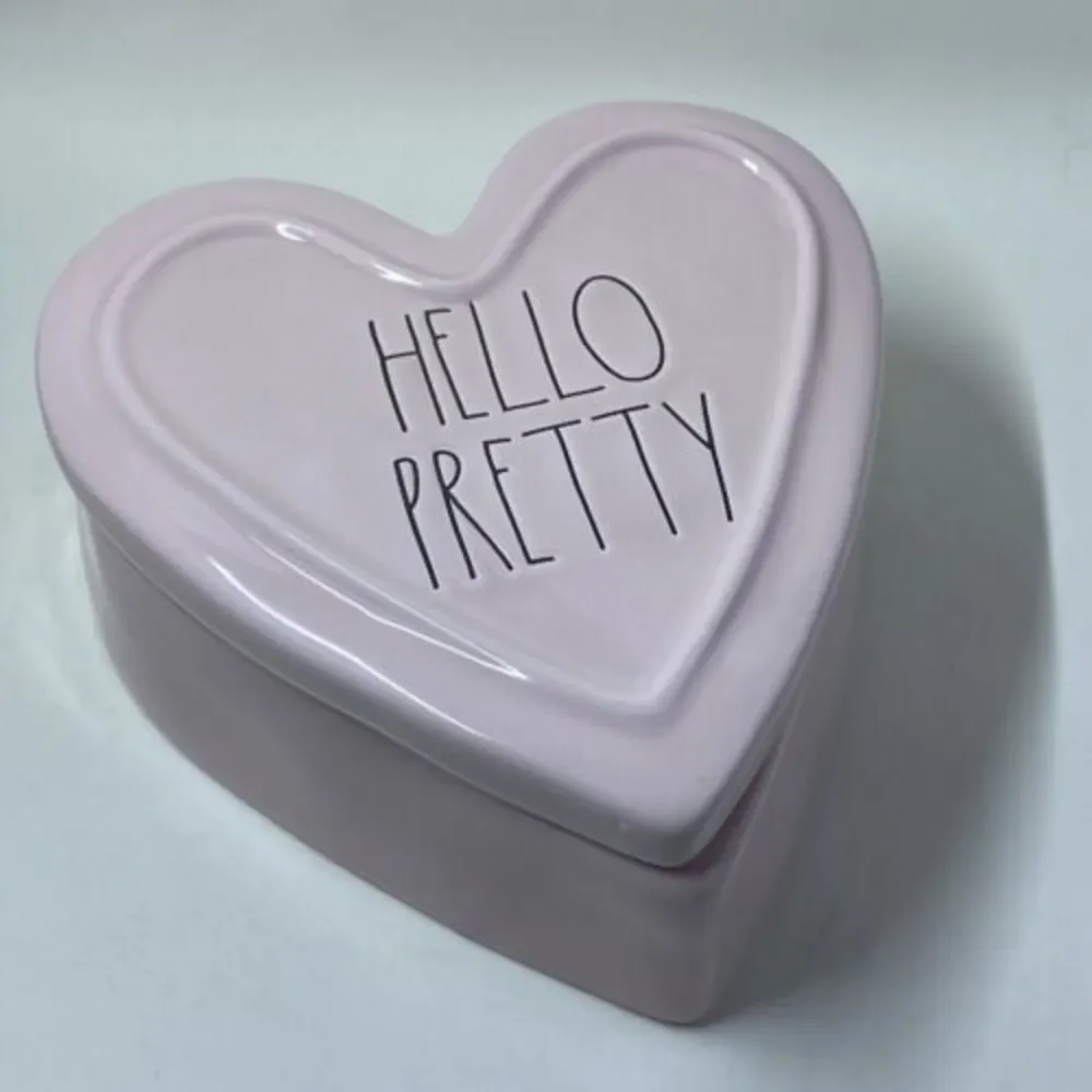 RAE Dunn HELLO PRETTY Ceramic Heart Shaped Box PINK- READ